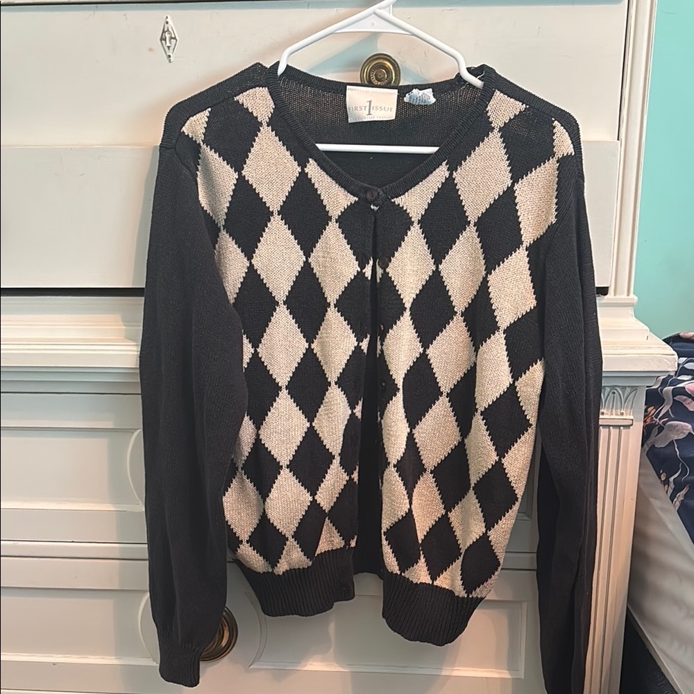 Classic Black and Cream Argyle Cardigan Sweater